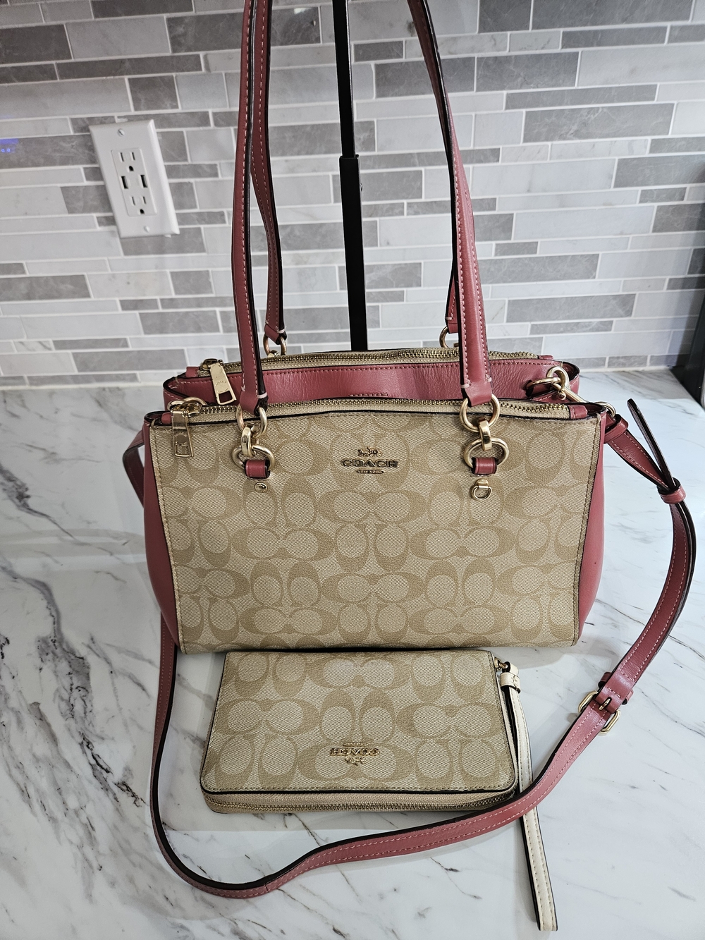Coach Beige Signature Canvas Shoulder Bag with Pink Trim and Matching Wallet